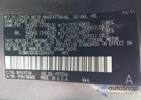 2012 Toyota Sienna Le V6 8 Passenger z USA, uszkodzony, nr VIN 5TDKK3DC8CS204913